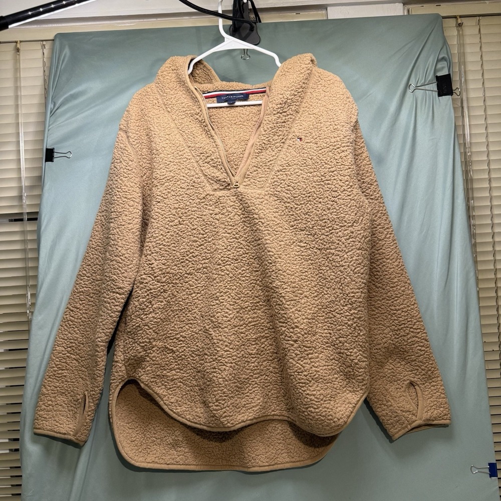 Tommy Hilfiger Jacket Womens Medium Beige Faux Fur Sherpa Cozy Full Zip Hooded